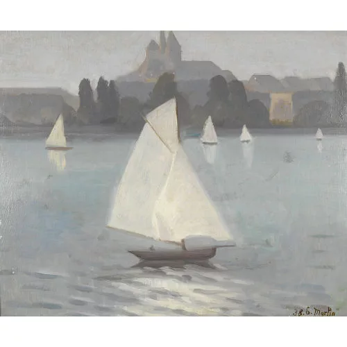 Eugène Martin — Seeuferpartie mit Genfer Altstadthügel.