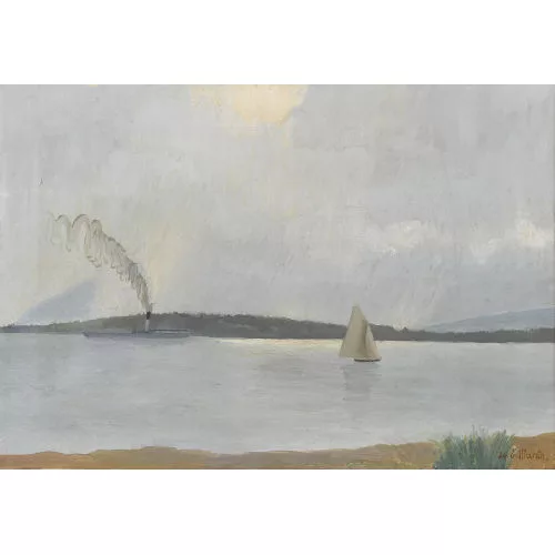 Eugène Martin — Genferseepartie mit Dampfschiff und Segelboot.