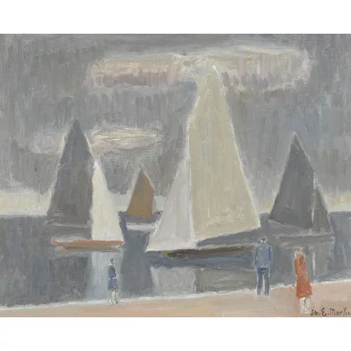 Eugène Martin — Uferpartie am Genfersee mit Segelbooten.