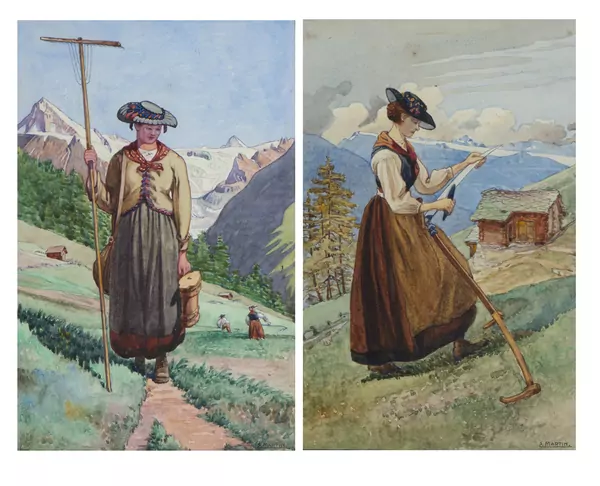 Eugène MARTIN (1880-1954 ), 'Valaisannes', paire d'aquarelles — DognyAuction