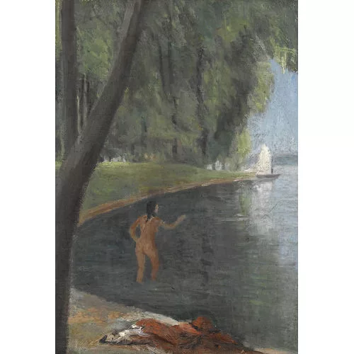 Eugène Martin — Uferpartie mit badender Frau.