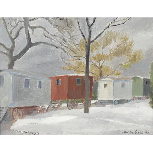 Eugène Martin — Winterlandschaft mit Schaustellerwagen.