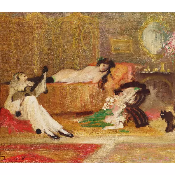 Interieur mit liegender Dame und Gitarrenspielerin