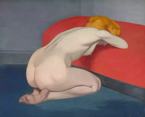 FÉLIX VALLOTTON — Femme nue agenouillée devant un canapé rouge. 1915. — Koller Auktionen