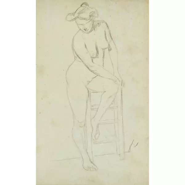 "Modèle nu, debout, appuyé sur un haut tabouret"
