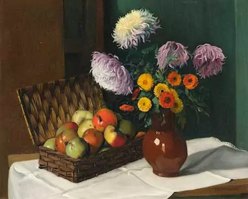 FÉLIX VALLOTTON — Chrysanthèmes et bourriche de pommes. 1922. — Koller Auktionen