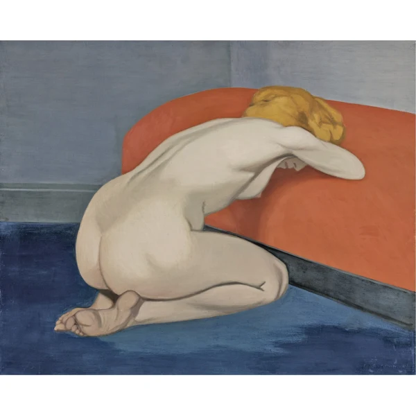 Félix Vallotton — FEMME NUE AGENOUILLÉE DEVANT UN CANAPÉ ROUGE, 1915NAKED WOMAN KNEELING IN FRONT OF A RED COUCH, 1915