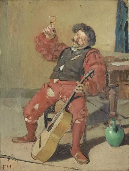 HODLER, FERDINAND — Trinkender Landsknecht mit Gitarre. Um 1886. — Koller Auktionen