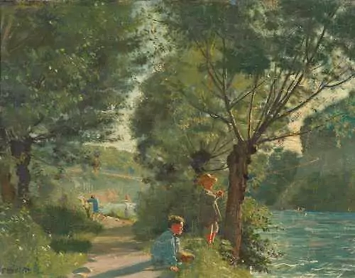 FERDINAND HODLER — Children fishing on the banks of the Arve. Circa 1878. — Koller Auktionen