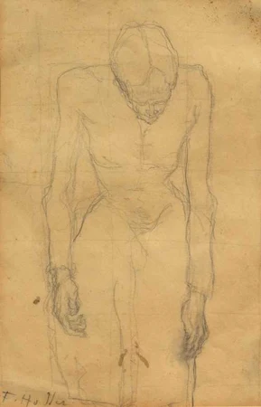 FERDINAND HODLER — Sitzende Mann mit geneigtem Kopf und hängenden Armen. Wohl Vorstudie zum Gemälde 'Die Lebensmüden'. Verso: Studie zu zwei Köpfen. — Koller Auktionen