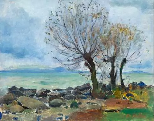 FERDINAND HODLER — Weiden am Genfersee. (Meadows at Lake Geneva). Circa 1882. — Koller Auktionen