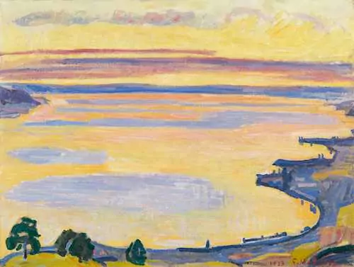 FERDINAND HODLER — Sonnenuntergang am Genfersee von Caux aus (Sunset on Lake Geneva from Caux). 1917. — Koller Auktionen