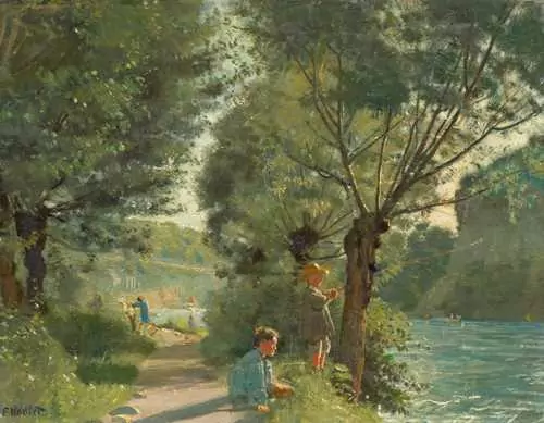 FERDINAND HODLER — Children fishing on the banks of the Arve. Circa 1878. — Koller Auktionen