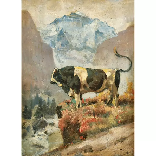 "Freiburger Stier vor Jungfraumassiv"