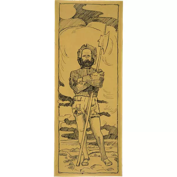 Ferdinand Hodler — Landsknecht mit Hellebarde, in ganzer Figur, de face — Galerie Kornfeld