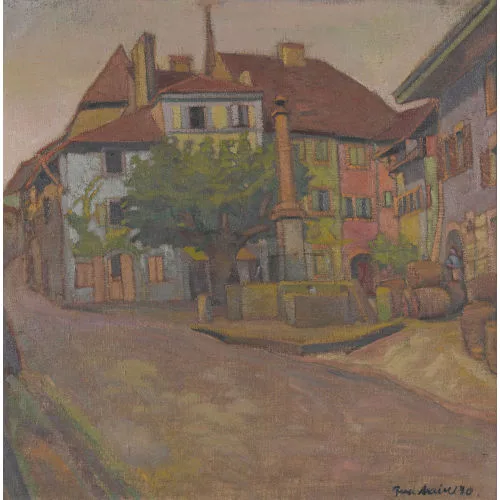 Ferdinand Maire — Häuserpartie mit Weinhandlung und Brunnen in Auvernier.