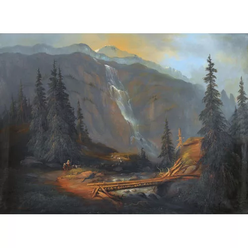 Ferdinand Sommer — Gebirgspartie mit Hirten und Wasserfall.
