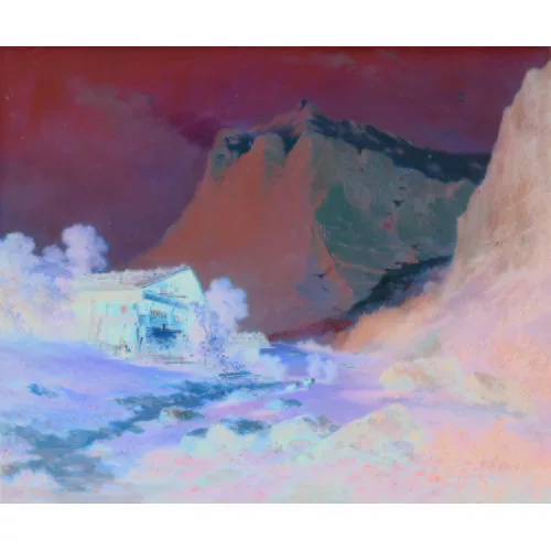 Ferdinand Sommer — Ansicht eines Bauernhauses bei Grindelwald mit Wetterhorn.