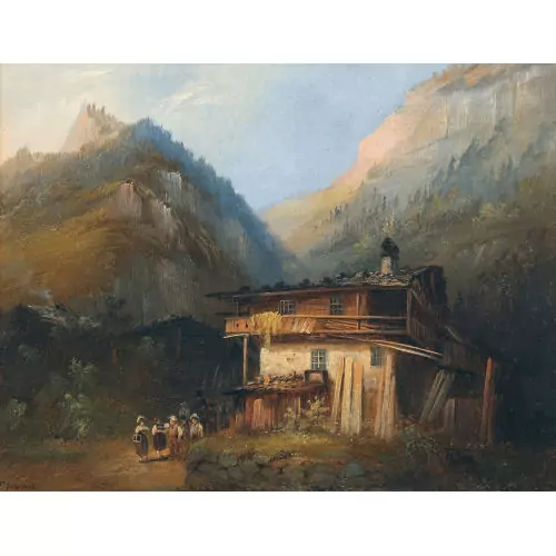 Sommerliche Bergpartie mit Bauernhaus und Schulkindern