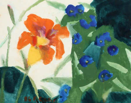 Taglilie und blaue Veilchen, 1986