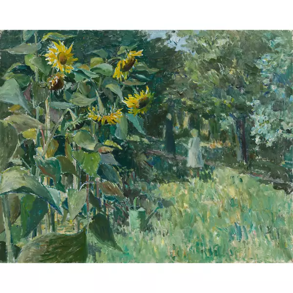 Sonnenblumen und Mädchen im Garten
