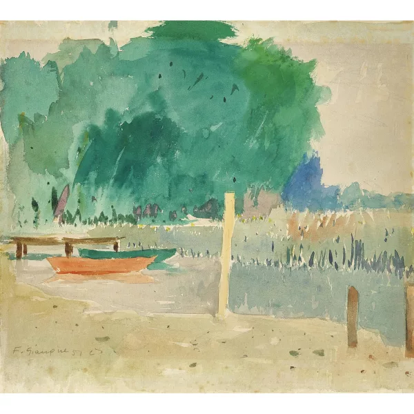 Fernand Giauque — Uferpartie mit Booten.