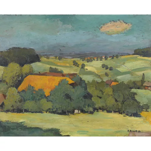 Fernand Riard — Berner Hügellandschaft mit Bauernhäusern.