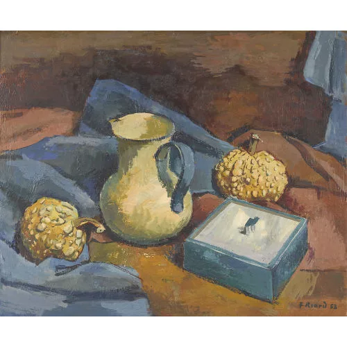 Fernand Riard — Stillleben mit Kanne und Zierkürbissen.