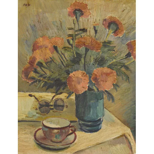Fernand Riard — Stillleben mit Nelken, Brille und Tasse.