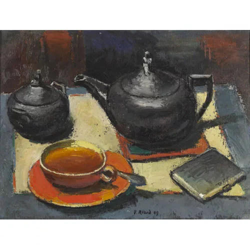 Fernand Riard — Stillleben mit Teekanne, Tasse und Zigarrenetui.