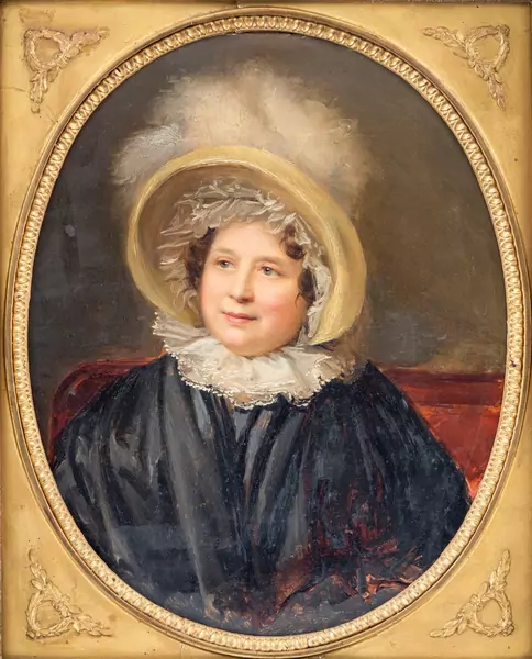 Portrait présumé de Mme Mégevand née Comparet (1756-1831) en manteau et chapeau à plumes