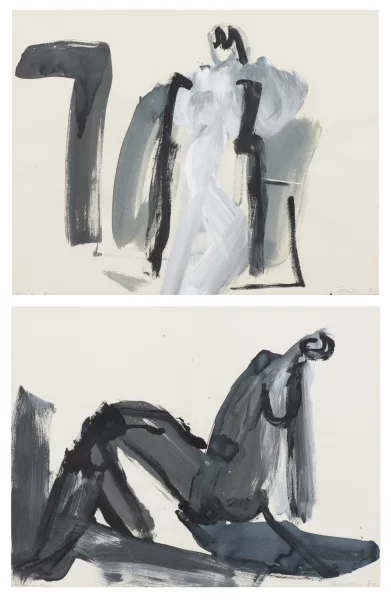 Francine Simonin — Francine SIMONIN (1936-2020) 'Auvernier Blu - Figures I et II', deux gouaches couleur