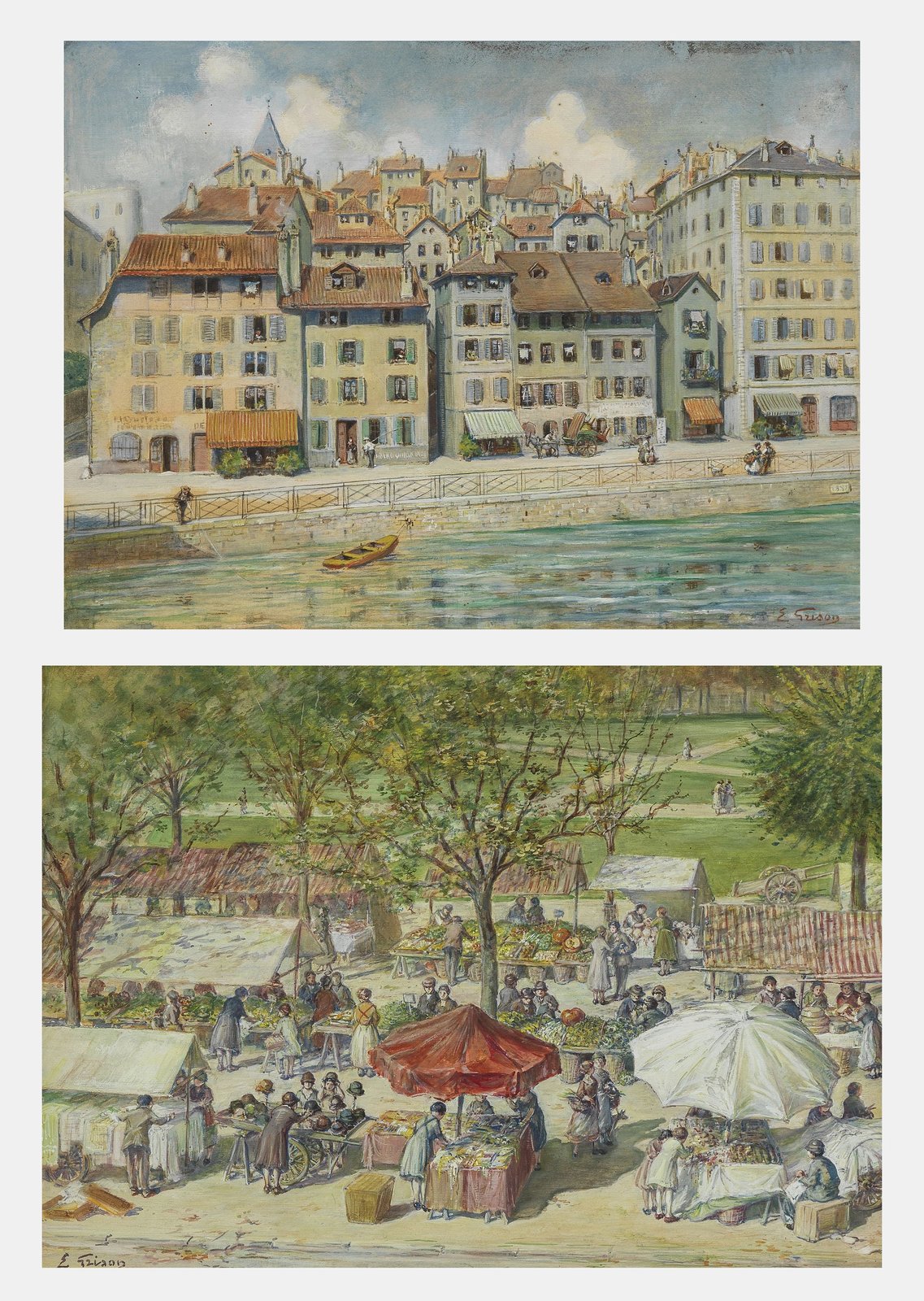 Suite de deux scènes de Genève représentant le Quai du Seujet et la Place du Marché