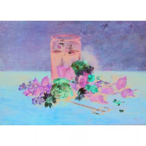 François-Adolphe Grison — Stillleben mit Blumen, Schere und Glas.