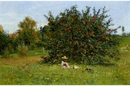Mädchen mit Hund unter einem Apfelbaum