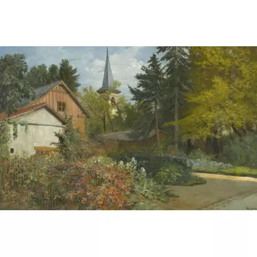 Haus mit Garten und Kirchturm