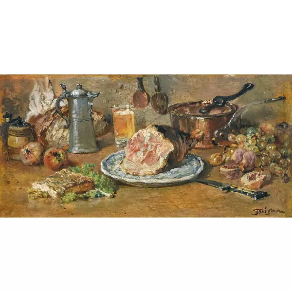 Küchenstillleben mit Schinken