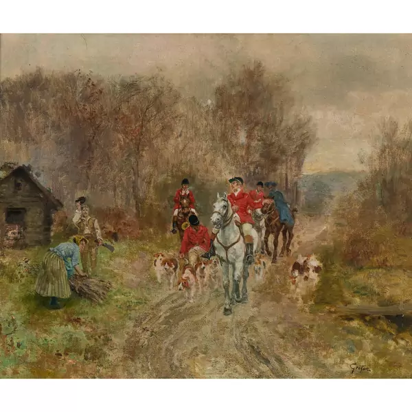 Reiter mit Hunden vor der Treibjagd