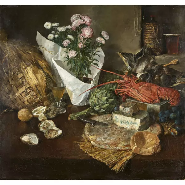 Tischstillleben mit Austern, Schimmelkäse, Languste Artischocken, Federvieh und Chrysanthemen