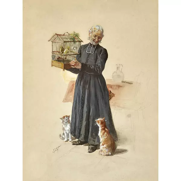 Geistlicher mit Vogelkäfig und Katzen