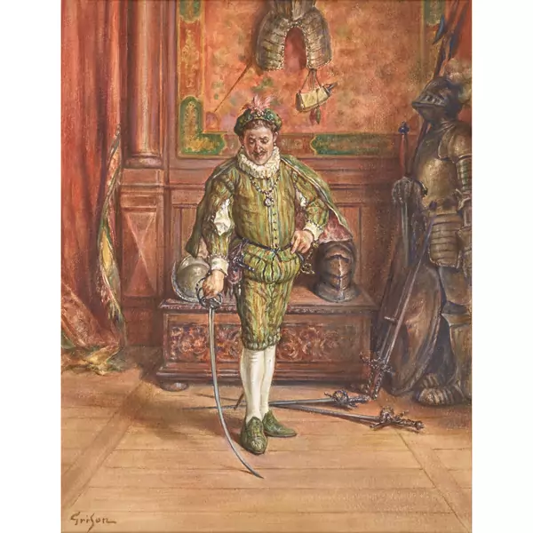 Edelmann mit Stichwaffe in historischem Interieur