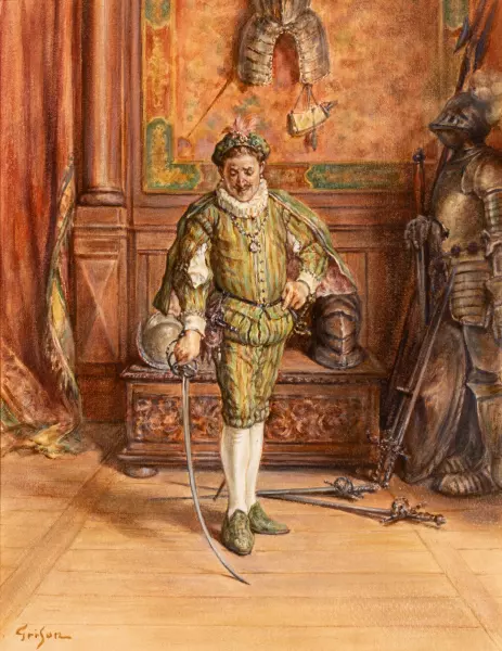 Edelmann mit Stichwaffe in historischem Interieur