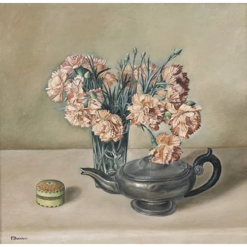 François Barraud — Stillleben mit Nelken, Teekanne und Schmuckdose.