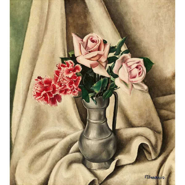 François Barraud — Stillleben mit Rosen und Nelken in Zinnkanne.