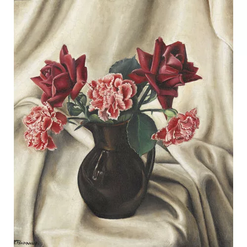 François Barraud — Stillleben mit Nelken und Rosen in einem Krug.