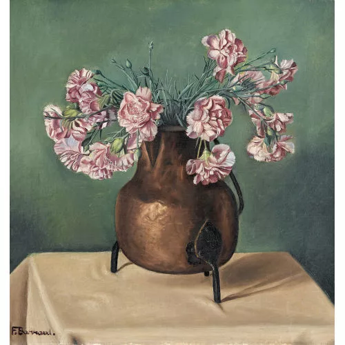 François Barraud — Stillleben mit Nelken in einer Kupferkanne.