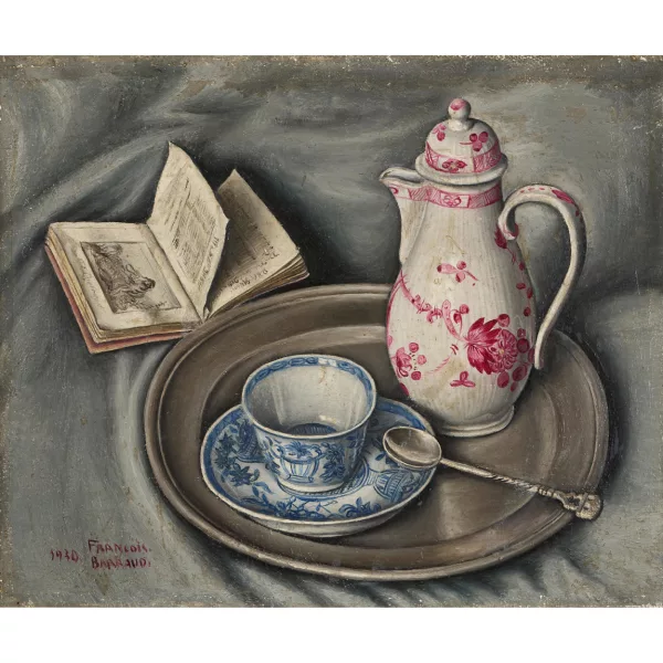 François Barraud — Stillleben mit Kaffeegeschirr, Zinnteller und Buch.
