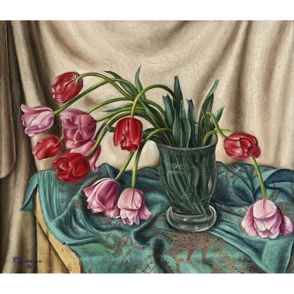 François Barraud — Stillleben mit Tulpen in Becherglas.