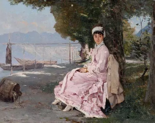 FRANÇOIS BOCION — Uferpromenade mit einer feinen Dame in rosafarbenem Kleid. 1877. — Koller Auktionen