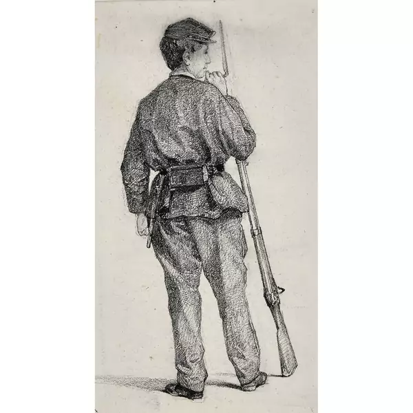 Rückenansicht eines Soldaten mit Gewehr